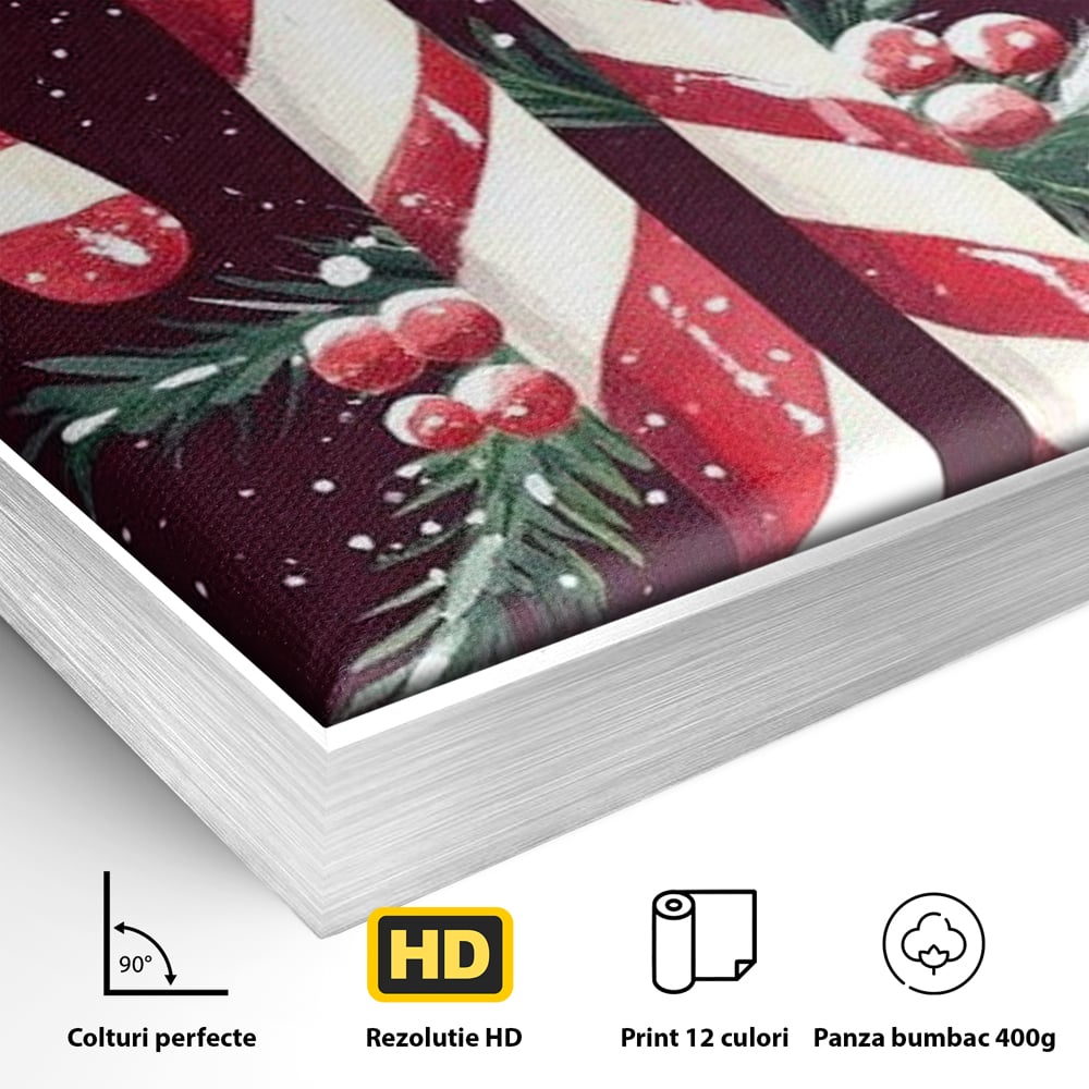 Detaliu al suprafetei: tablou canvas cu bastonase de zahar, in rama de aluminiu argintiu